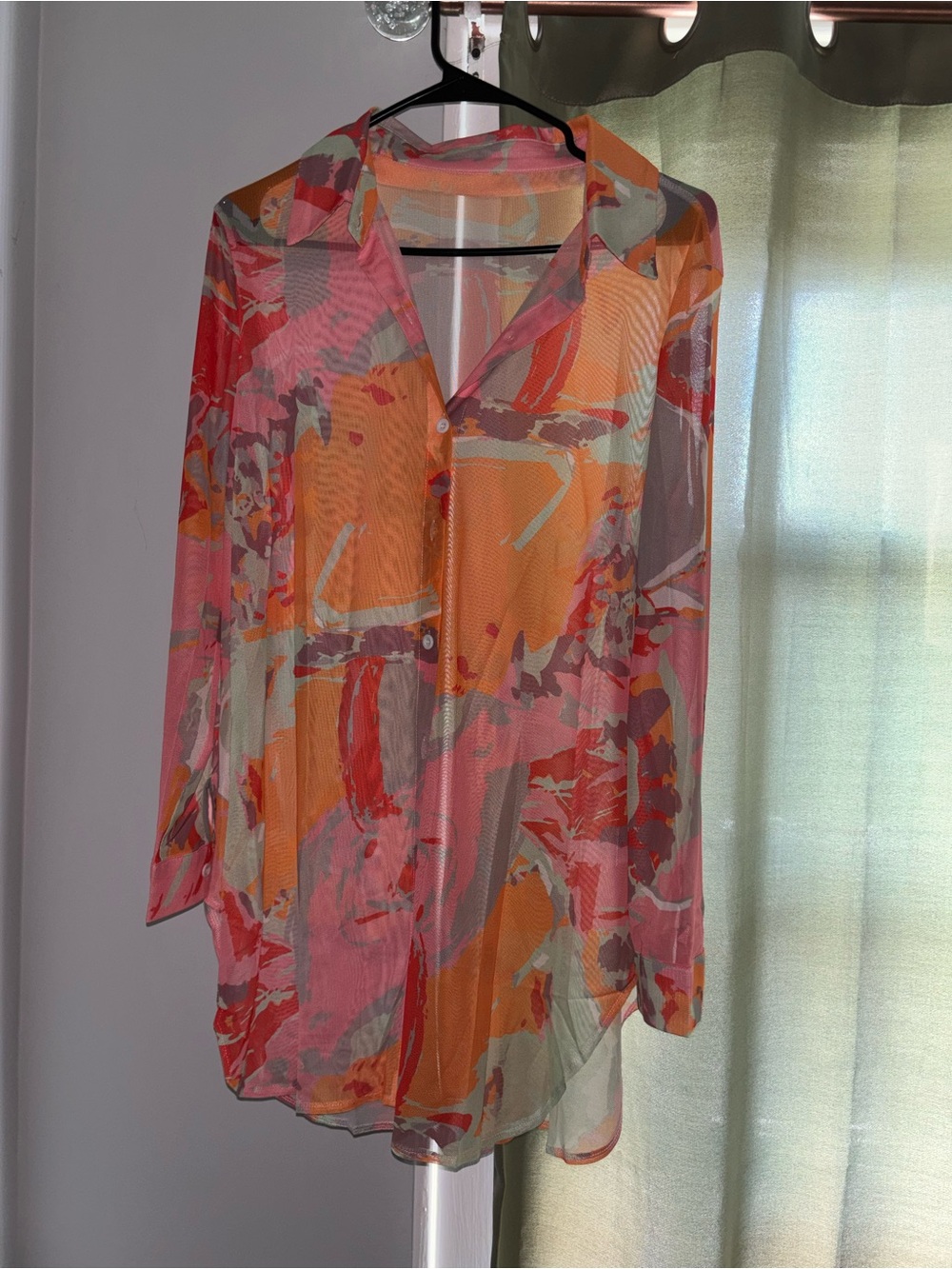 SHEIN Abstract Sheer Button-Up cover up in Pink & Orange